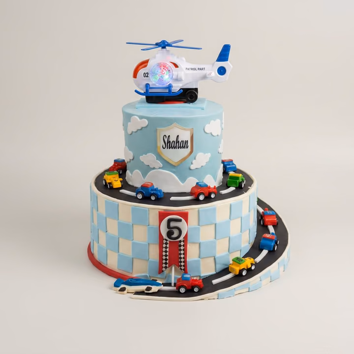 Car and Helicopter Theme Two-Tier Cake