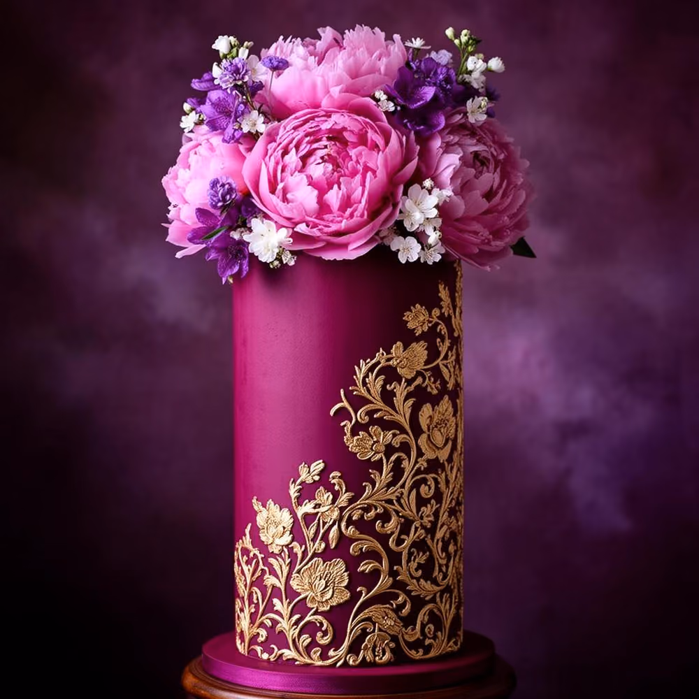 Bespoke custom celebration cake with hand-piped gold detail and fresh florals