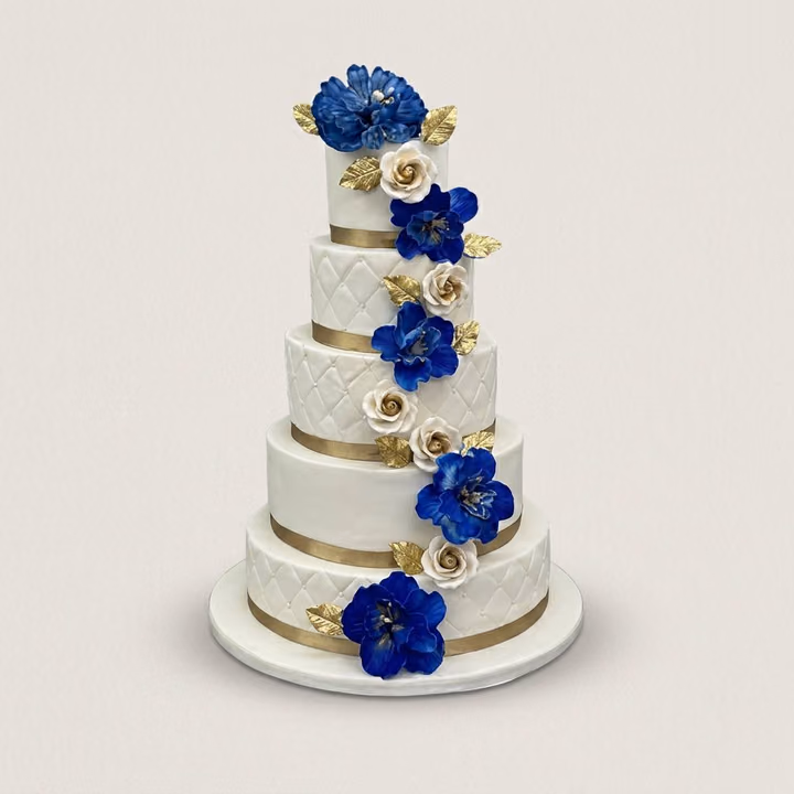 Gold and Blue Rush 5-Tier Wedding Cake