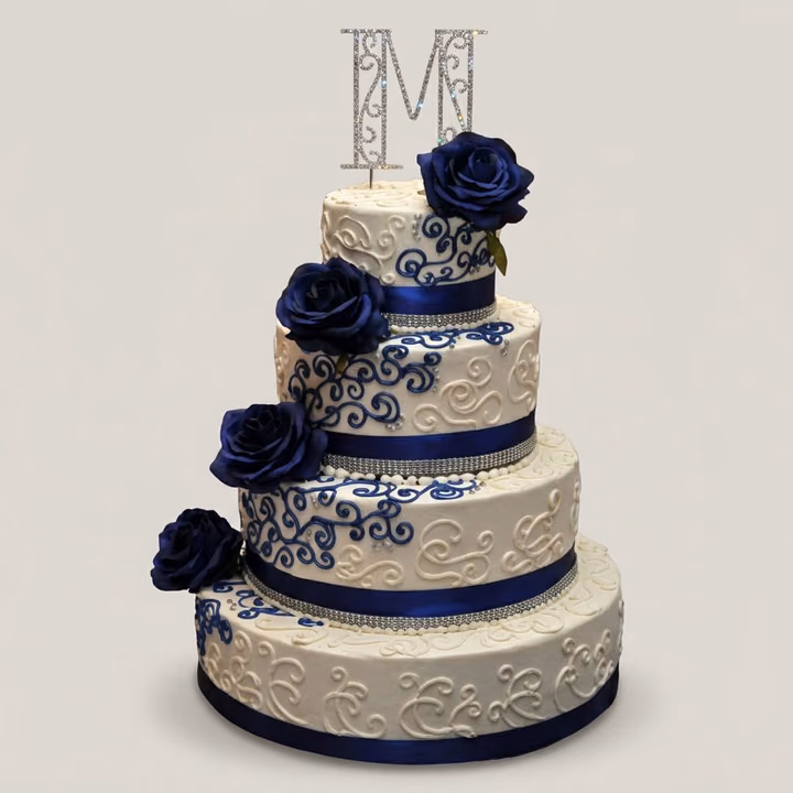 Navy Blue & Rhinestone Monogram 4-Tier Wedding Cake