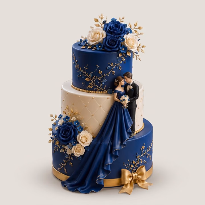Navy & Gold Bride's Gown Wedding Cake