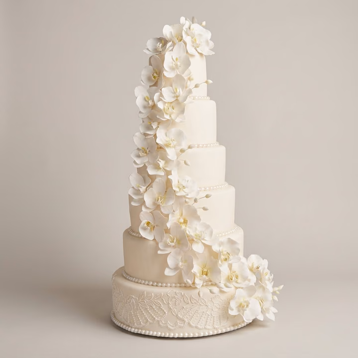 Cascading White Orchid Multi-Tier Wedding Cake